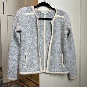 Boden Grey Marl Bouclé Open Front Cardigan Jacket with Contrast Piping